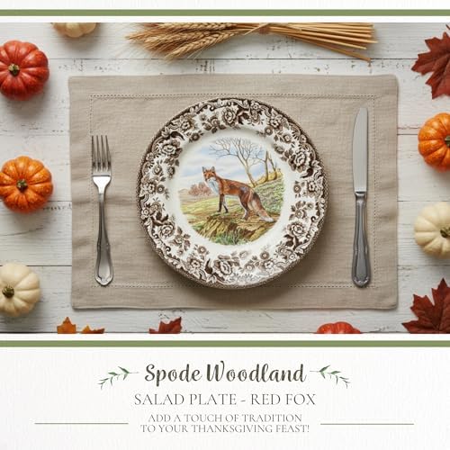 Spode Woodland Red Fox Salad Plate - 8" Fine Earthenware Plate with British Flowers Border, Rustic Wildlife Design - Dishwasher, Microwave, Freezer & Oven Safe - Made in England - Image 2