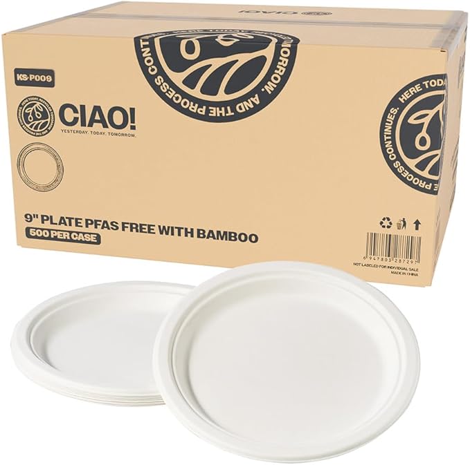 CIAO! 9" Heavy Duty Plate 100% Compostable PFAS Free Unbleached Bagasse Natural White (Pack of 500)
