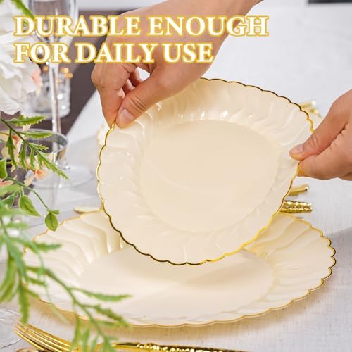 Lullaby 60PCS Light Yellow Scalloped Plastic Plates with Gold Rim for Party - Image 6