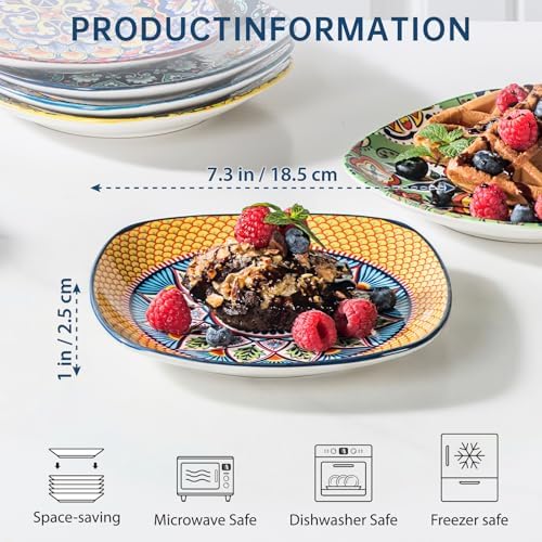 Boho Ceramic Dessert Plates Set of 6, 7.3 Inch Square Appetizer Plates - Image 2