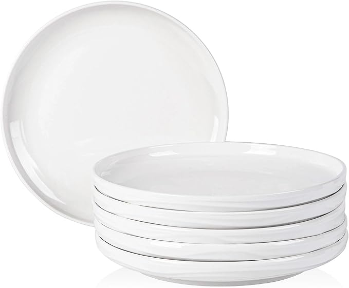 White Dinner Plates Set of 6, 10 Inch Ceramic Ribbed Texture Salad Plates, Kitchen Serving Dishes for Pizza, Steak, Microwave & Dishwasher Safe, Scratch Resistant
