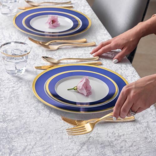 125-Piece White, Blue, and Gold Fancy Plastic Plates Disposable with Silverware, Elegant Dinnerware for Weddings, Holiday Party China, Set of 25 Dinner + Salad Plates, 25 Spoons, 25 Forks, 25 Knives - Image 2