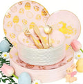 Liacere 150Pcs Easter Plates with Gold Bunny - Pink Plastic Dinnerware Includes 30 Egg and Rabbit 30 Dessert Plates, 30 Forks, 30 Spoons,30 Knives for Easter Party by Liacere