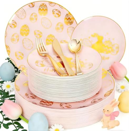 Liacere 150Pcs Easter Plates with Gold Bunny - Pink Plastic Dinnerware Includes 30 Egg and Rabbit 30 Dessert Plates, 30 Forks, 30 Spoons,30 Knives for Easter Party by Liacere