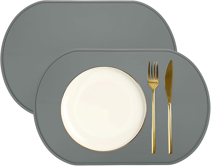 uxcell 2 Pcs Oval Silicone Placemat, 15.4" x 10.4" Non-Slip Washable Table Placemats Heat Resistant Waterproof Mat with High Edge for Table Kitchen Desk Protection, Dark Gray