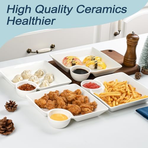 Chip and Dip Serving Platter Set of 4-8 Inch Ceramic Divided Plates with Sauce Compartment, Food-Safe Snack Plate for Dumpling, Sushi, Appetizer, Taco - White - Image 4