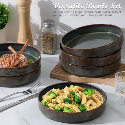 E-far Pasta Bowls Set of 6, 35oz Large Salad Bowl Plate for Dinner Serving, Wide & Shallow Ceramic Stoneware Pasta Plates, Microwave & Dishwasher Safe, Reactive Glaze Textured Stripes, Blackish Green - Image 3