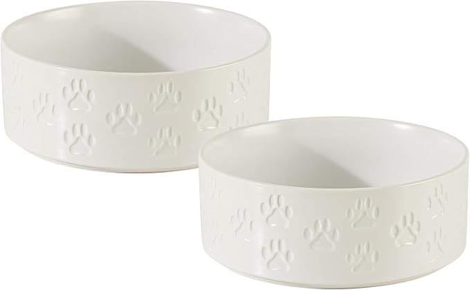 Ceramic Dog Bowl Set, 7.3" Dog Bowls with Anti-Slip Rings for Medium Breed Dogs, 5 Cup Food and Water Bowls, Pet Dishes for Medium-Sized Dogs, Microwave Safe (Double Bowls - White, 7.3 inch)
