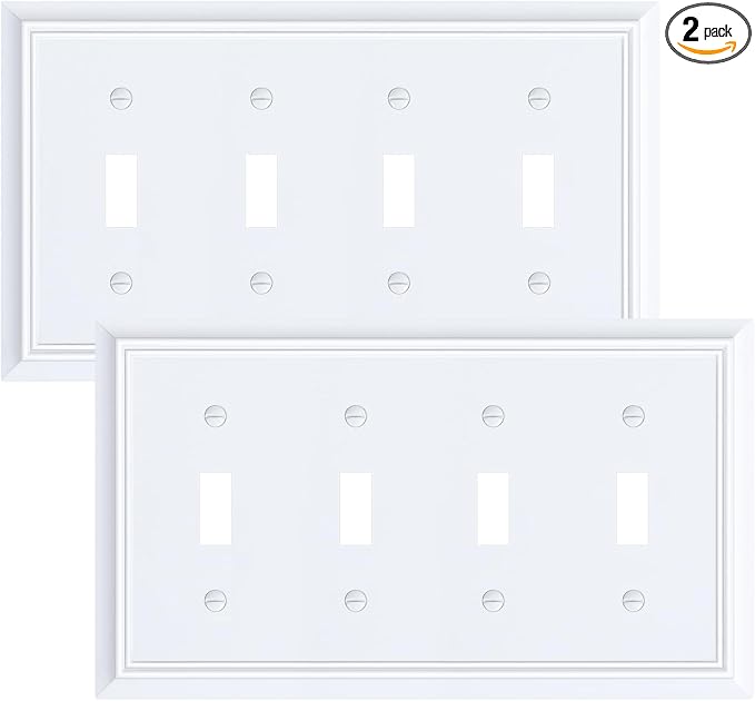 2-Pack Quad Toggle Light Switch Cover Plate, Pure White Decorative Switch Plate Covers, Natural Bamboo Fiber 4 Gang Wall Plate for Toggle Light Switch and Rotary Dimmer Switch