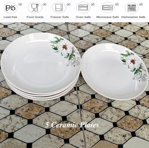5 Pack Ceramic Plates with Lotus Pattern, 7.12 inch Large Dessert Salad Porcelain Dinner Plates, Ceramic Dessert Dishes for Steak, Pasta, Pizza, Appetizer ( Dishwasher & Microwave Safe Dinnerware) - Image 7