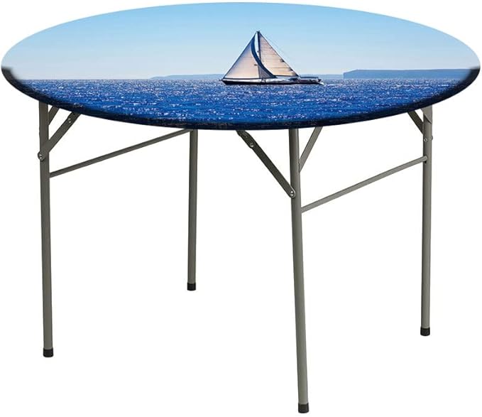 Round Vinyl Fitted Tablecloth, Ocean Print Polyester Table Cloth, Blue Mediterranean Sailboat Sailing in Round Tables 23inch Diameter, Holiday Party Home Kitchen Dining Table Decoration