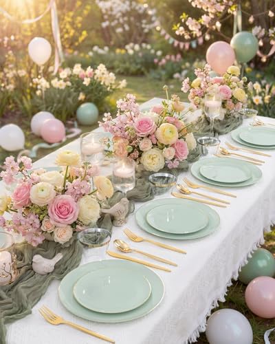 bUCLA 150PCS Green Plastic Plates - Sage Green with Gold Rim Disposable - Include 25 (Dinner & Dessert) Plates, 25 Knives, 25 Forks, 25 Spoons and 25 Cups for Party, Birthday & Spring - Image 3