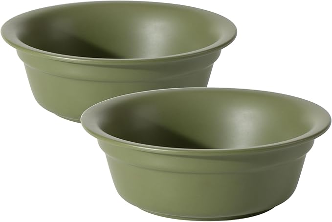 Ceramic 6.3inch Set of 2 Dog Bowls, 2pcs Basic 1.5 Cup Food or 15 oz Water Dishes for Small Dogs, Wide Opening Rounded Edge (2 Bowls, Olive Green)
