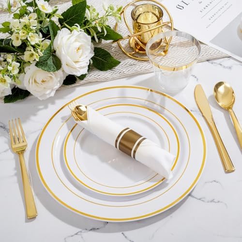 WELLIFE Disposable Plates & Gold Silverware Set, 350 Pieces for 50 Guests - Image 3