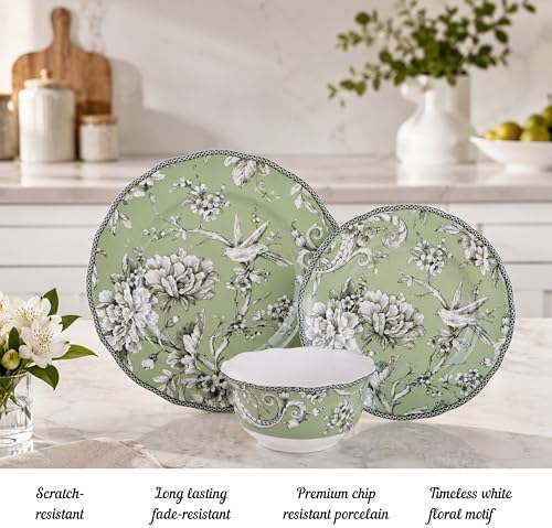 222 Fifth Adelaide Sage 12-Piece Green Porcelain Dinnerware Set – Service for 4, Big Dinner Plates and Bowls Sets, Green with White Floral Pattern, for Daily Entertainment, Microwave & Dishwasher Safe - Image 3