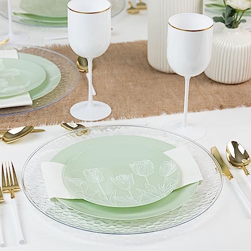 PLASTICPRO 32 Pack Elegant Disposable Plastic Plates Combo Set Includes 16 Dinner Plates and 16 Salad Plates Heavy Duty Fancy Party Plates Green and White Tulip Design - Image 2