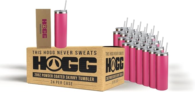 Hogg 20 oz Skinny Case (24 Units) - Pink, Powder Coated Tumblers for Laser Engraving, Engravable Tumblers Bulk, Stainless Steel Cups Bulk, Insulated Cups with Lids and Straws