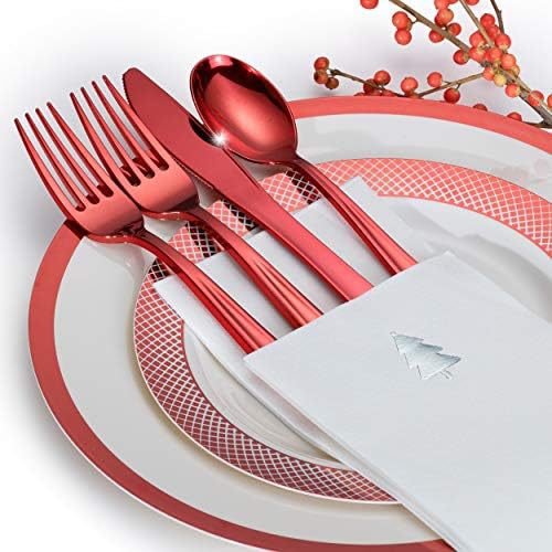 By Madee HEAVYWEIGHT Red Christmas Disposable Dinnerware Set 175 Pcs - Image 4