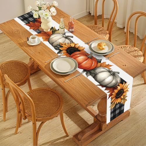 ANNA QUEEN Buffalo Plaid Pumpkin Table Runner and Placemats Set of 6, 13"x72" Table Runner with 12"x18" Placemats, Fall Sunflower Dining Table Set for Kitchen, Farmhouse, Thanksgiving Decor - Image 7