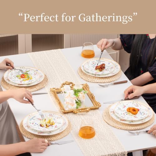 Floral Dinnerware Set for 4, 12-Piece Porcelain Plates and Bowls, Gold Rim - Image 4