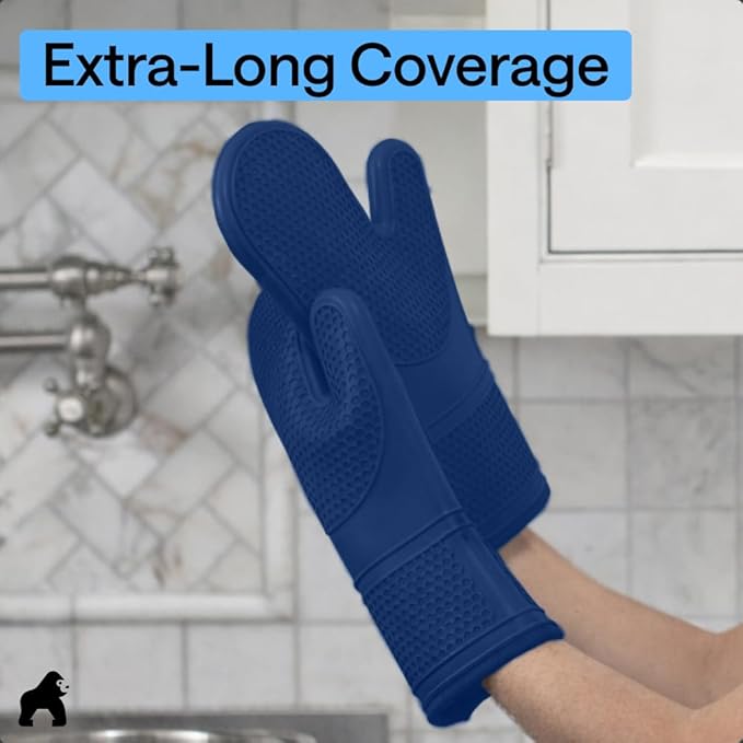 GORILLA GRIP BPA-Free Soft Silicone Oven Mitts, Heat Resistant and Waterproof Cooking Gloves, Thick Cotton Lining, Flexible Gripping for Baking Grilling, Kitchen Potholders Set of 2, 12.5x8.3, Blue