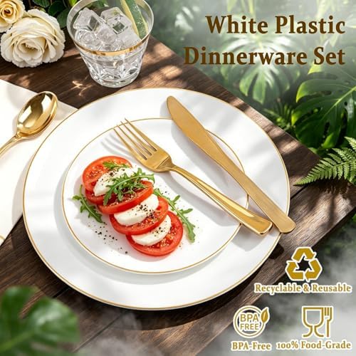 Festiva 350Pcs Gold Plastic Plates - White and Gold Dinnerware Set Disposable include 10" & 7" Plates,Cups,Silverware,Napkins -serve 50 Guests Perfect for Wedding& Easter&Birthday Party - Image 4