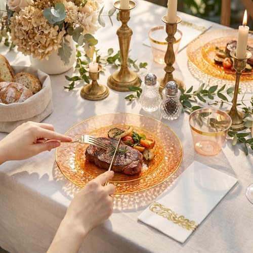 Rubtlamp 175 Pcs Plastic Dinnerware Set (25 Guests), Orange And Gold Plastic Plates, Hammered Party Plates Set Include Dinner Plates, Dessert Plates, Cups&Cutlery Set And Napkins for Wedding And Party - Image 6