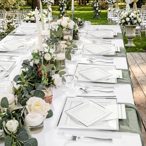 Festiva 350Pcs Silver Plates - Silver Square Plastic Plates 9 .5" and 6" - serve for 50 guests include 50 Cups 50Plastic Cutlery 50Hand Napkins Perfect for Party&Wedding&Birthday - Image 6
