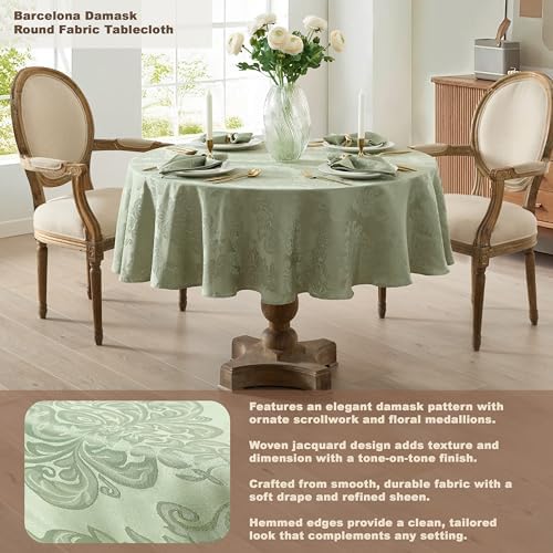 Newbridge Barcelona Damask Fabric Tablecloth, 70 Inch Round, Sage Green – No Iron, Soil Resistant Table Cover for Dining, Parties and Holidays - Image 3