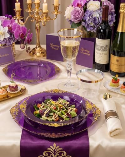 Nervure 175Pcs Clear Purple Plastic Plates, Dinnerware Set for 25 Guests - Image 4