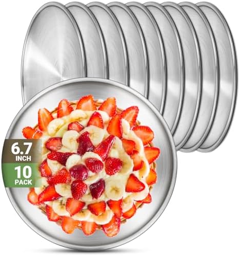 Stainless Steel Plates, 10 Set 6.7 inch 304(18/8) Metal Food Serving Plate, Reusable Snack Eating Dishes Round Shatterproof Plate Silver Dinnerware for BBQ Dinner Oven Dishwasher Safe by Offiper