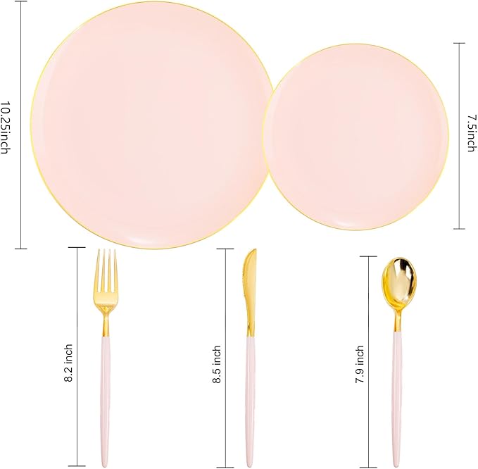 Liacere 150PCS Plastic Plates-Gold Plastic Silverware with Pink Handle - Pink Disposable Plates Include 30 Guests Plates, Forks, Spoons, Knives for Wedding＆Easter Day＆Galentines day＆Valentine's Day