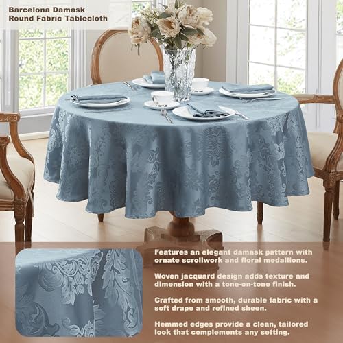 Newbridge Barcelona Damask Fabric Tablecloth, 90 Inch Round, Blue – No Iron, Soil Resistant Table Cover for Dining, Parties and Holidays - Image 2