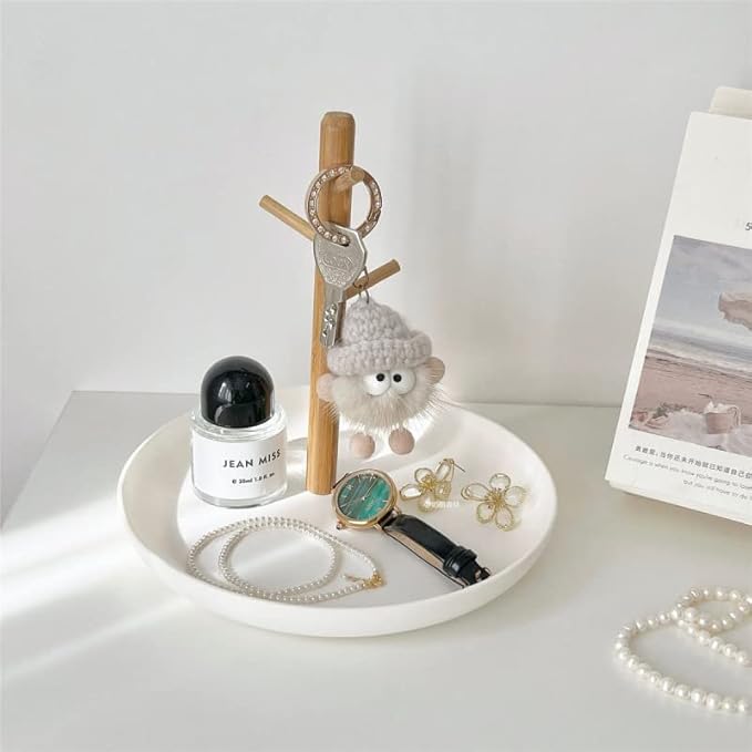 Shinpuru Key Tray & Key Bowl, Jewelry Tray with Wood 3-Tier Hanging Organizer - Multi-Functional Entryway Tray, Perfect for Key Bowl, Ring Holder, Jewelry Dish Organize (White Round)