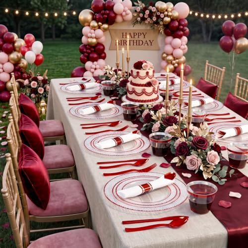 Ciaell 350 PCS Clear and Red Plastic Plates – Red Dinnerware Set for 50 Guests Include 100 Plastic Plates, 50 Pre Rolled Napkins with Cutlery Set, 50 Cups for Wedding (Pack of 3) - Image 4