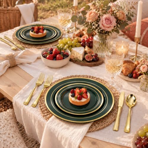 BESTVIP 600 Pcs Green Plastic Dinnerware Set with Gold Trim for 100 Guests,200 Green Plastic Plates with Gold Trim, 200 Gold Forks, 100 Spoons, 100 Knives for Party, Wedding, Birthday & Christmas - Image 7