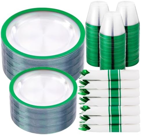 I00000 210Pcs Green Plastic Plates Set, Disposable Dinnerware Set for Party by I00000