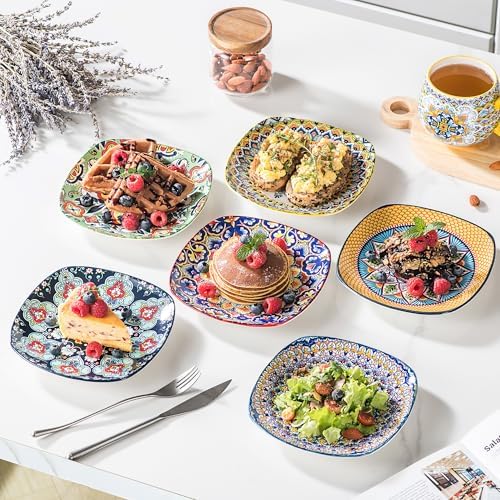 Boho Ceramic Dessert Plates Set of 6, 7.3 Inch Square Appetizer Plates - Image 3