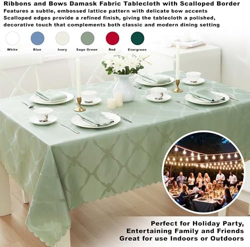 Newbridge Holiday Ribbons Bows Sage Green 60 x 84 Rectangle Tablecloth | Thanksgiving Christmas Jacquard Damask Table Cover, Water Stain Wrinkle Resistant, Winter Formal Dinner Party Dining Décor - Image 2