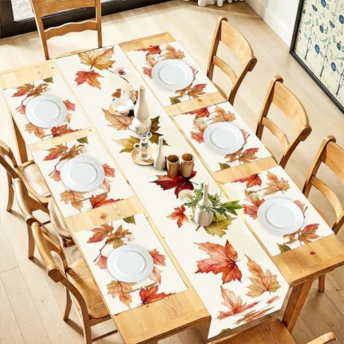 ANNA QUEEN Watercolor Maple Leaves Table Runner and Placemats Set of 6, 13"x72" Table Runner with 12"x18" Placemats, Autumn Leaf Dining Table Set for Thanksgiving, Fall Home Decor by ANNAQUEEN