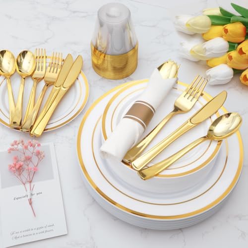 Goodluck 490 Piece Gold Plastic Dinnerware Set for 70 Guests - Image 6