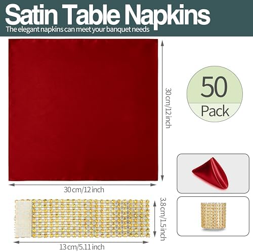 Red Satin Napkins and Napkin Rings Set, 100 Pack, 12 x 12 Inch - Image 6