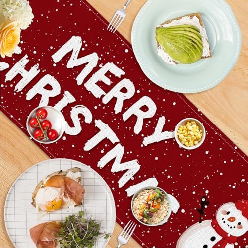 ANNA QUEEN Christmas Table Runner and Placemats Set of 6, 13"x72" Table Runner with 12"x18" Placemats, Holiday Dining Decor with Snowman & Tree Pattern in Red - Image 6