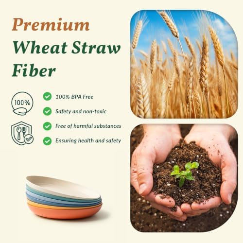 Homienly Wheat Straw Plates Unbreakable Deep Plates Set of 6 Microwave and Dishwasher Safe Bread & Butter Plates for Salad, Dinner Reuable Plastic Plates for Kitchen, Camping, RV (9 Inch, Multi) - Image 3