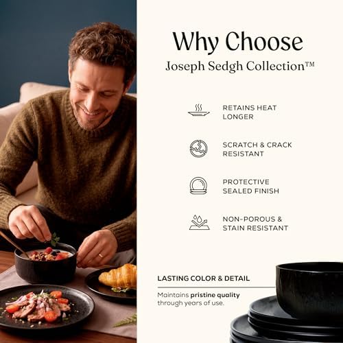 Joseph Sedgh Collection Durable Stoneware Dinnerware Set with Reactive Glaze Finish, 12-Piece, Ari Matt Black - Image 6