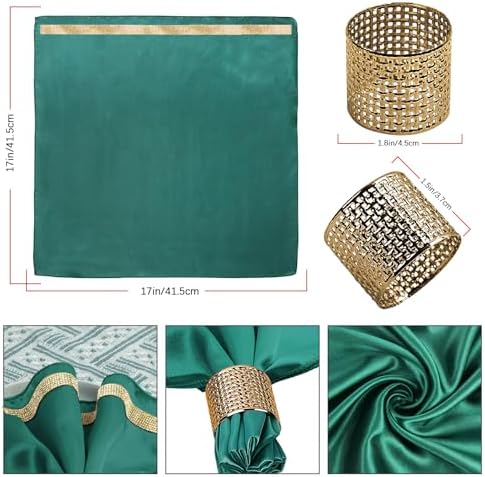 VIJIV 12 Pack Cloth Napkins and Gold Napkin Rings Set of 6, 17x17 Bling Trim Satin Cocktail Napkins Cloth Washable Personalized Dinner Napkins for Wedding Party Holiday Decorative - Image 3