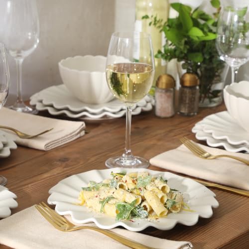 Gibson Elite Bistro Fleur Plates and Bowls Sets, 12-Piece Stoneware Dinnerware Set for 4, Ivory White Scalloped Dish Set with Dinner Plates, Salad Plates & Bowls - Image 6