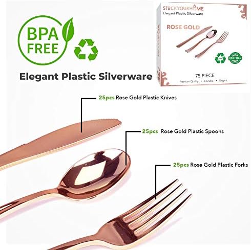 75-Pcs Heavy Duty (Rose Gold) Plastic Silverware Set, Disposable Cutlery Set, Great for Parties, Weddings, and Catering, Flatware Utensils Included: 25 Forks, 25 Spoons, 25 Knives, Stock Your Home - Image 2
