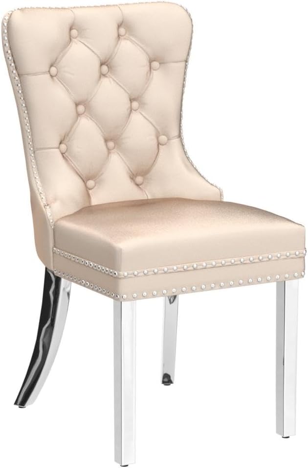 KCC Velvet Dining Chairs Set of 4, Upholstered High-end Tufted Dining Room Chair with Nailhead Back Ring Pull Trim Stainless Steel Legs, Contemporary Nikki Collection Modern Style for Kitchen, Beige
