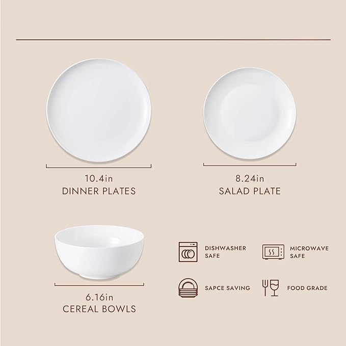 KINGSTONE 6-Piece Bone China Dinnerware Set for 2, Lightweight and Durable, Microwave and Dishwasher Safe, White Plates and Bowls for Everyday Use